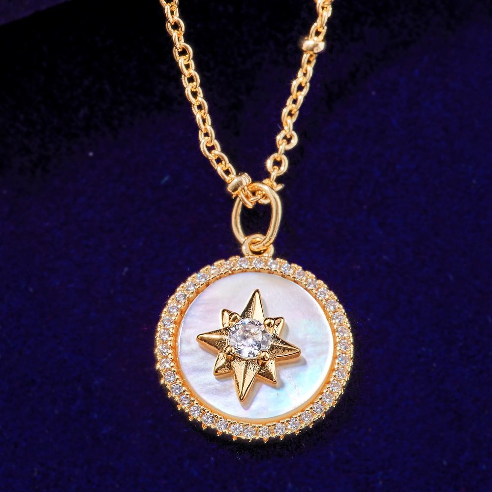Champagne Gold Necklace with Mother Of Pearl, Round Star / Starburst Com…
